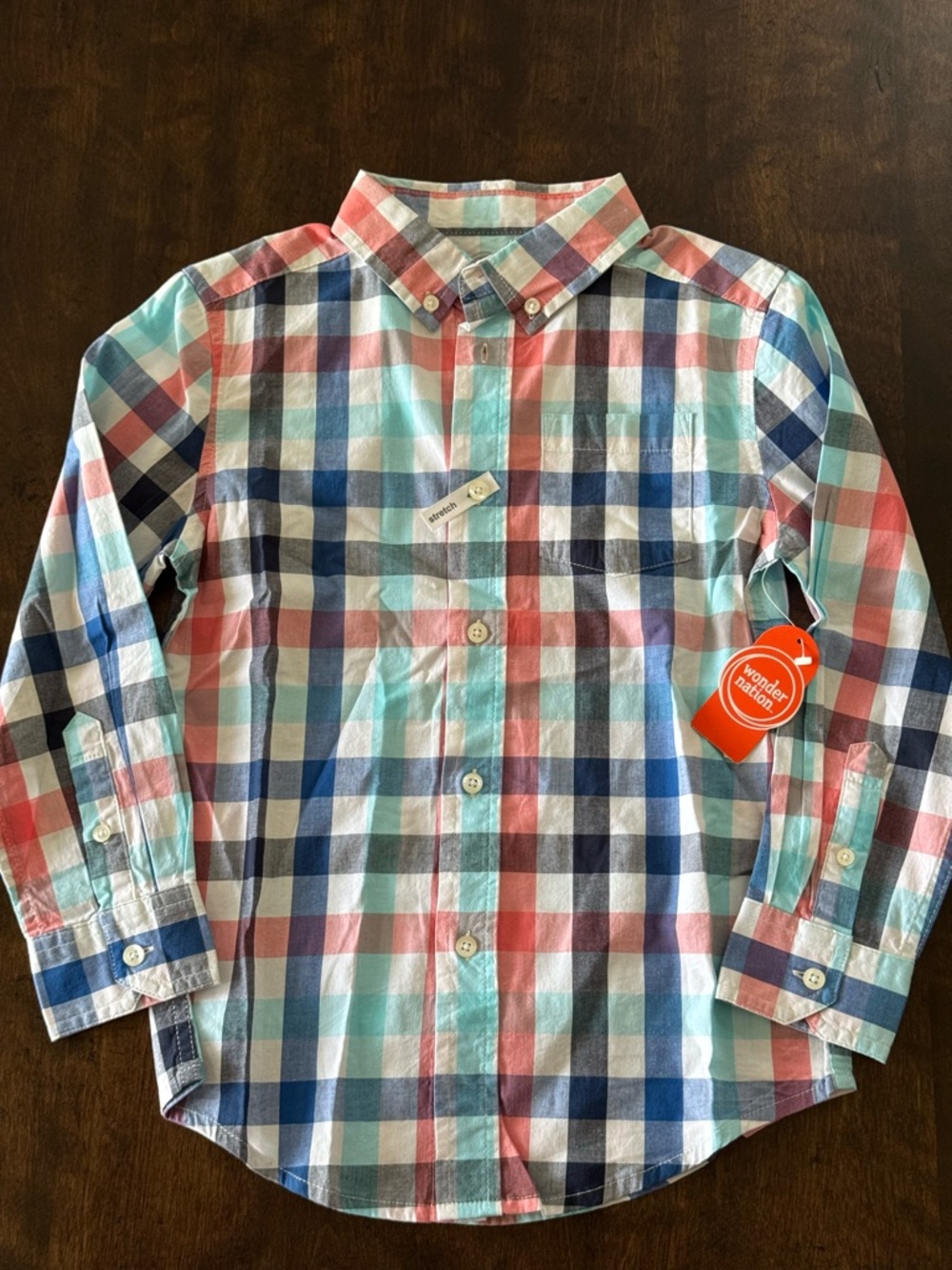 wonder nation Boys Plaid Button-Down Shirt with Stretch - Blue, Pink & White 6/7
